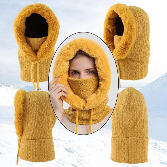 Women Yellow Polyester Warm Thick Fluff Beanie Neck Face Winter Balaclava - Picture 3 of 7